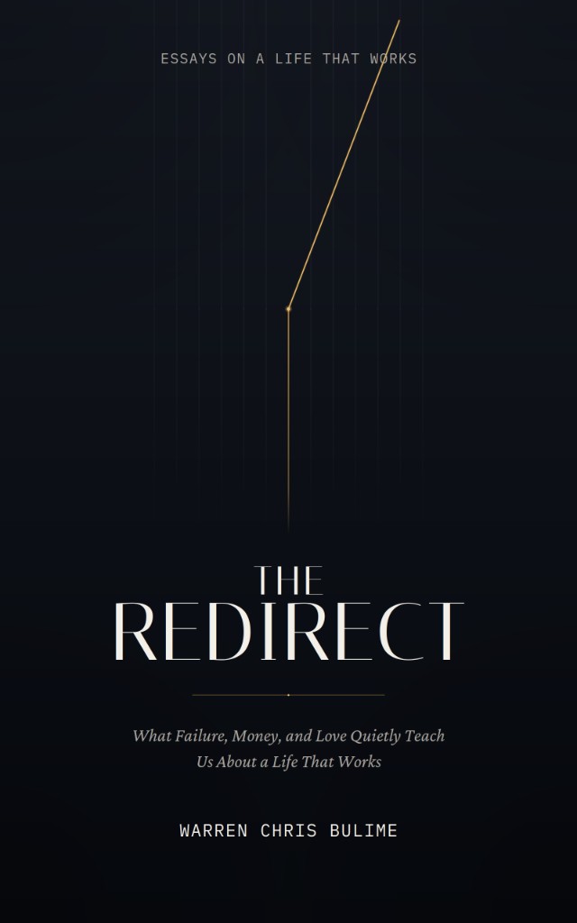 Cover of The Redirect by Warren Chris Bulime: a thin gold line rises, then bends sharply to the right, above the title on a near-black background.