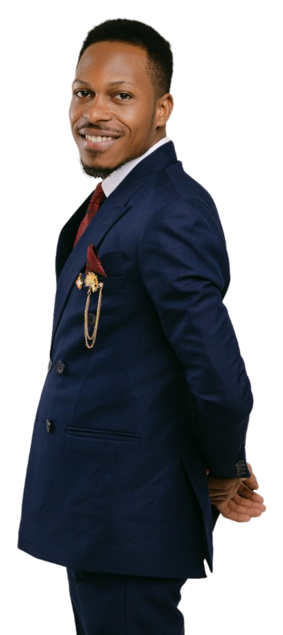 Warren Chris Bulime, author of The Redirect, smiling over his shoulder in a navy double-breasted suit with a red tie and a gold lapel chain.